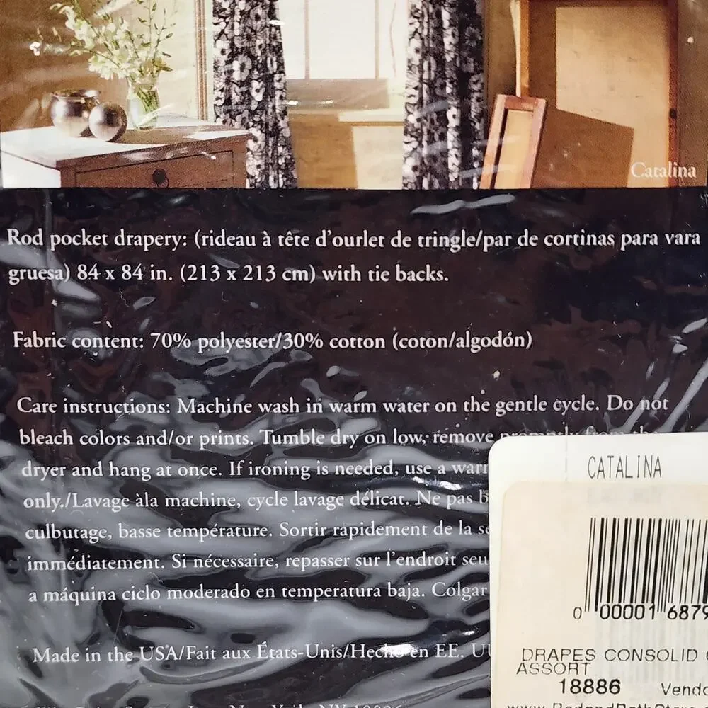 VTG Martex Catalina Black White Floral Rod Pocket Drapes Curtains 84x84 Tiebacks